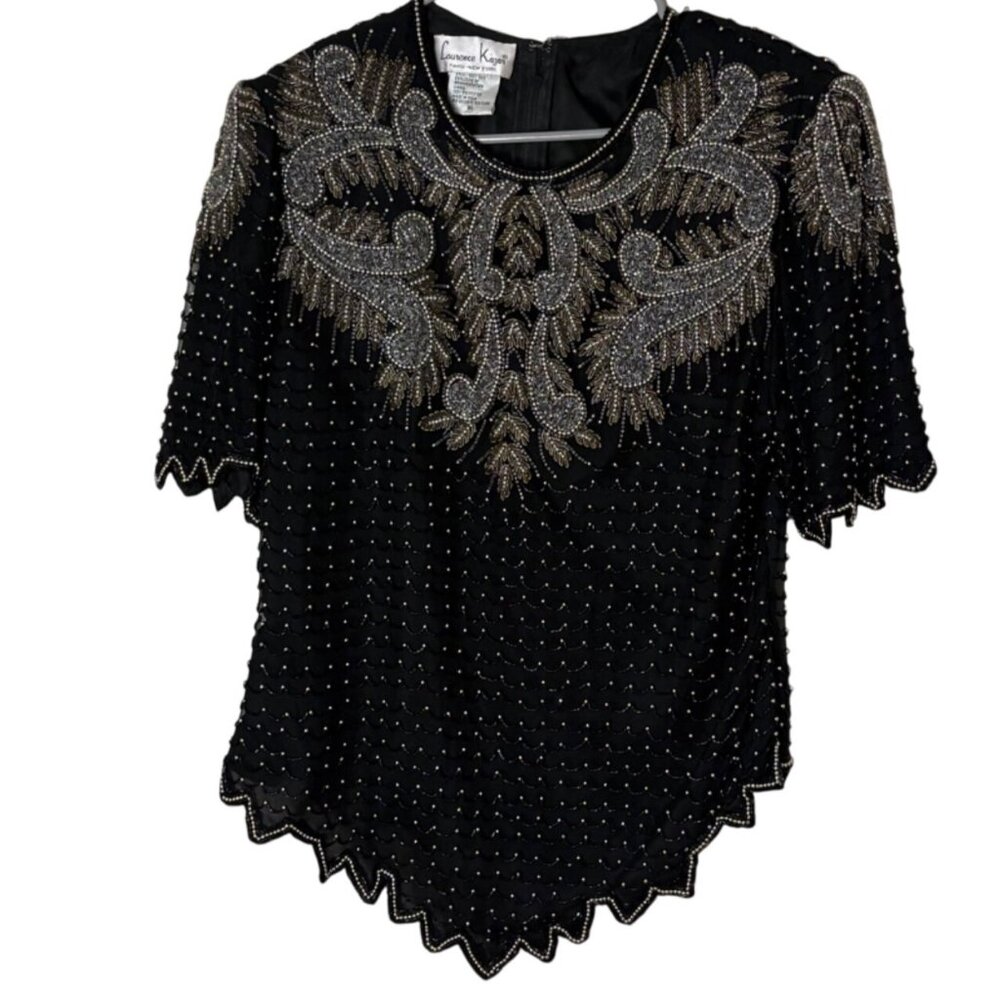 Laurence Kazar Black Beaded Silk Top Art Deco Glam Scallop Hem Short Sleeve XL